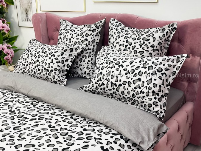 Lenjerie pat dublu, BUMBAC FINET, 6 piese, Jojo Home, Alb-Gri-Negru, animal print