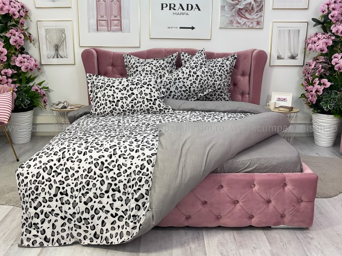 Lenjerie pat dublu, BUMBAC FINET, 6 piese, Jojo Home, Alb-Gri-Negru, animal print