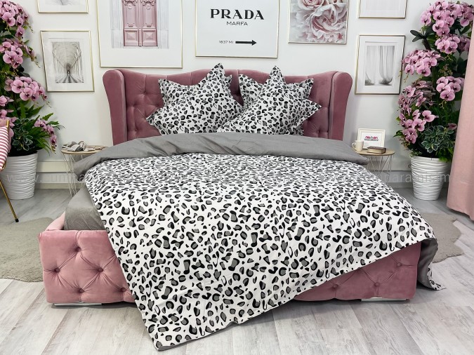 Lenjerie pat dublu, BUMBAC FINET, 6 piese, Jojo Home, Alb-Gri-Negru, animal print