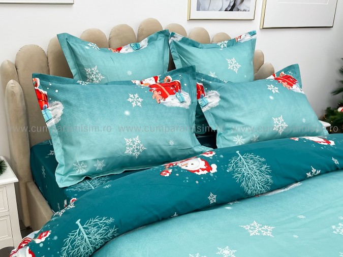 Lenjerie pat dublu, BUMBAC FINET, 6 piese, X-Mass Collection, Jojo Home, Bleu-Multicolor, oameni de zapada, brazi, Mos Craciun