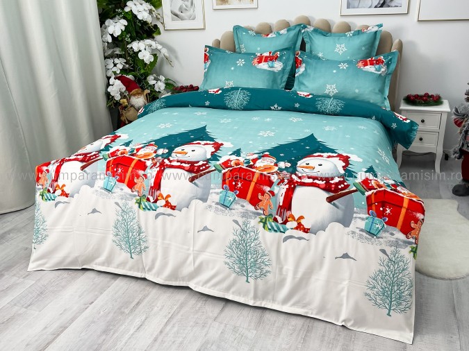 Lenjerie pat dublu, BUMBAC FINET, 6 piese, X-Mass Collection, Jojo Home, Bleu-Multicolor, oameni de zapada, brazi, Mos Craciun