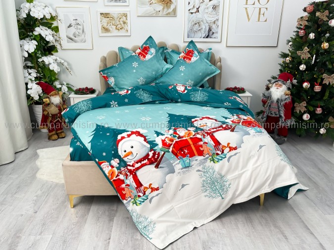 Lenjerie pat dublu, BUMBAC FINET, 6 piese, X-Mass Collection, Jojo Home, Bleu-Multicolor, oameni de zapada, brazi, Mos Craciun