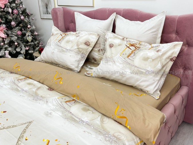 Lenjerie pat dublu, BUMBAC FINET, 6 piese, cu ELASTIC, X-Mass Collection, Jojo Home, Gri-Crem, globulete