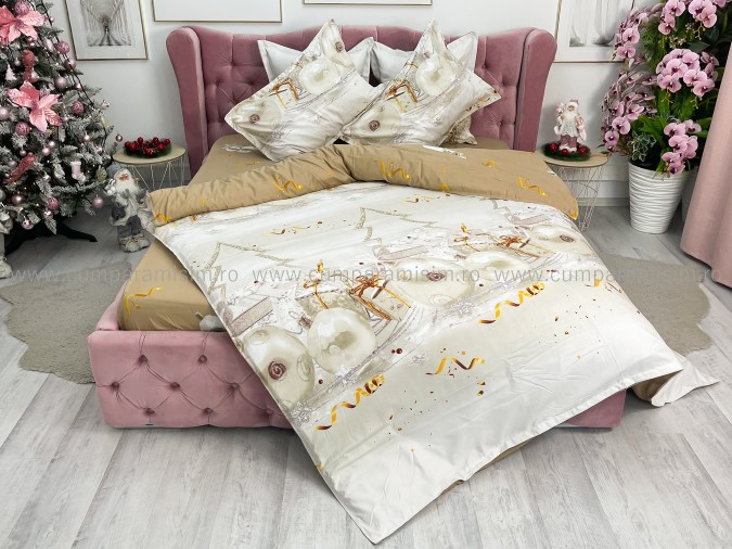 Lenjerie pat dublu, BUMBAC FINET, 6 piese, cu ELASTIC, X-Mass Collection, Jojo Home, Gri-Crem, globulete