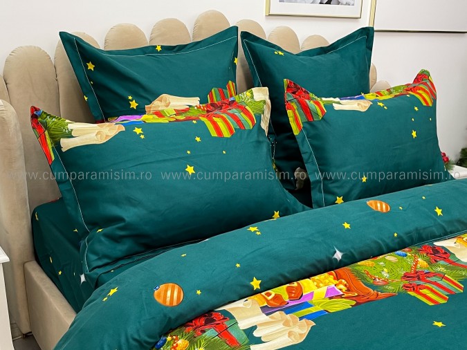 Lenjerie pat dublu, BUMBAC FINET, 6 piese, cu ELASTIC, X-Mass Collection, Jojo Home, Verde-Multicolor, Mos Craciun, brazi, cadouri