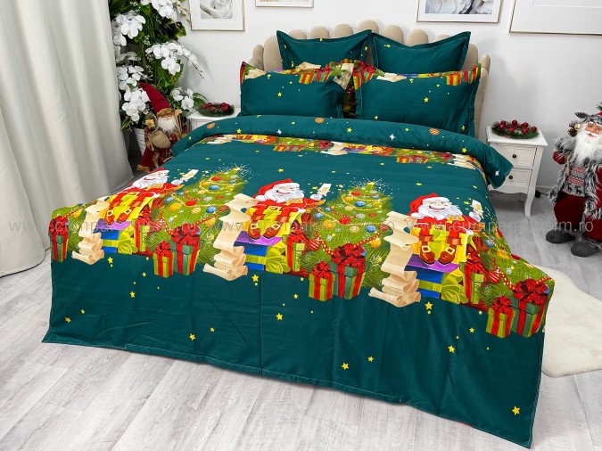 Lenjerie pat dublu, BUMBAC FINET, 6 piese, cu ELASTIC, X-Mass Collection, Jojo Home, Verde-Multicolor, Mos Craciun, brazi, cadouri