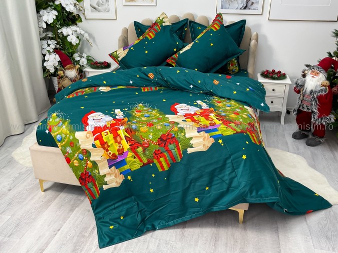 Lenjerie pat dublu, BUMBAC FINET, 6 piese, cu ELASTIC, X-Mass Collection, Jojo Home, Verde-Multicolor, Mos Craciun, brazi, cadouri