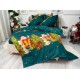 Lenjerie pat dublu, BUMBAC FINET, 6 piese, cu ELASTIC, Craciun, Jojo Home, Verde-Multicolor, Mos Craciun, brazi, cadouri