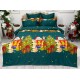 Lenjerie pat dublu, BUMBAC FINET, 6 piese, cu ELASTIC, X-Mass Collection, Jojo Home, Verde-Multicolor, Mos Craciun, brazi, cadouri