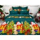 Lenjerie pat dublu, BUMBAC FINET, 6 piese, cu ELASTIC, X-Mass Collection, Jojo Home, Verde-Multicolor, Mos Craciun, brazi, cadouri