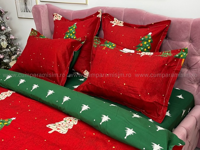 Lenjerie pat dublu, BUMBAC FINET, 6 piese, cu ELASTIC, X-Mass Collection, Jojo Home, Rosu-Verde, brazi