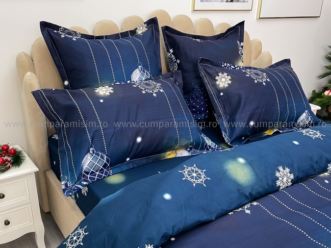 Lenjerie pat dublu, BUMBAC FINET, 6 piese, cu ELASTIC, X-Mass Collection, Jojo Home, Bleumarin, globulete