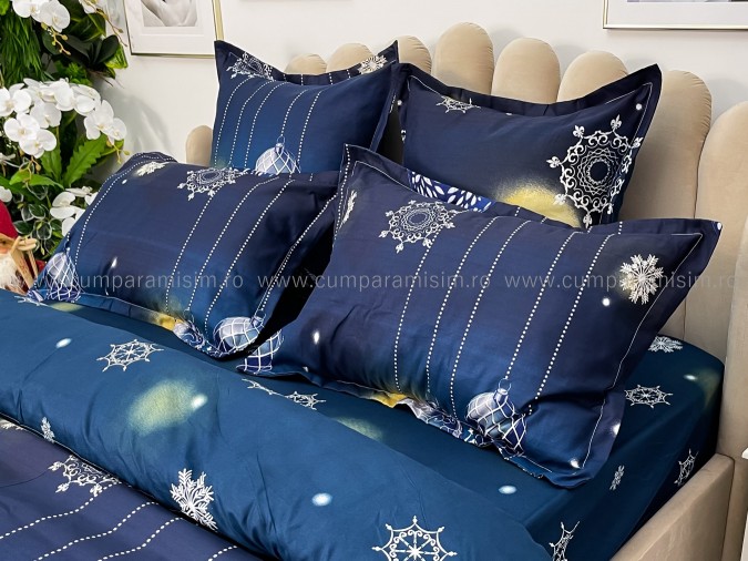 Lenjerie pat dublu, BUMBAC FINET, 6 piese, cu ELASTIC, X-Mass Collection, Jojo Home, Bleumarin, globulete