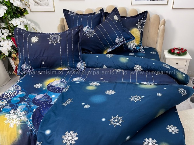 Lenjerie pat dublu, BUMBAC FINET, 6 piese, cu ELASTIC, X-Mass Collection, Jojo Home, Bleumarin, globulete