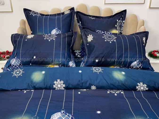 Lenjerie pat dublu, BUMBAC FINET, 6 piese, cu ELASTIC, X-Mass Collection, Jojo Home, Bleumarin, globulete