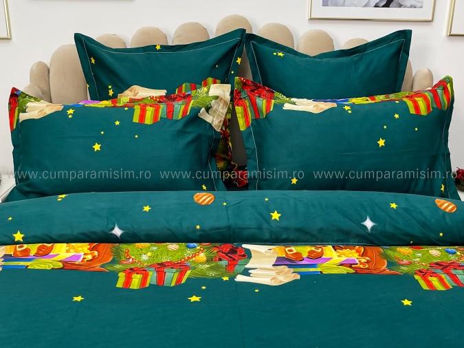 Lenjerie pat dublu, BUMBAC FINET, 6 piese, X-Mass Collection, Jojo Home, Verde-Multicolor, Mos Craciun, brazi, cadouri