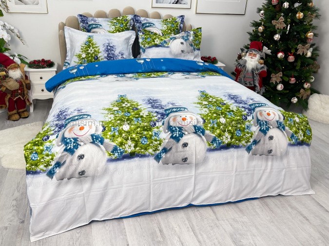 Lenjerie pat dublu, BUMBAC FINET, 6 piese, X-Mass Collection, Jojo Home, Bleu-Multicolor, oameni de zapada, brazi