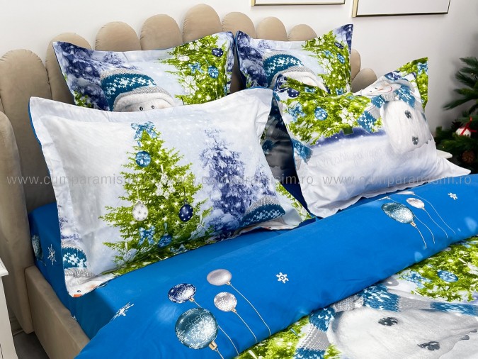 Lenjerie pat dublu, BUMBAC FINET, 6 piese, X-Mass Collection, Jojo Home, Bleu-Multicolor, oameni de zapada, brazi