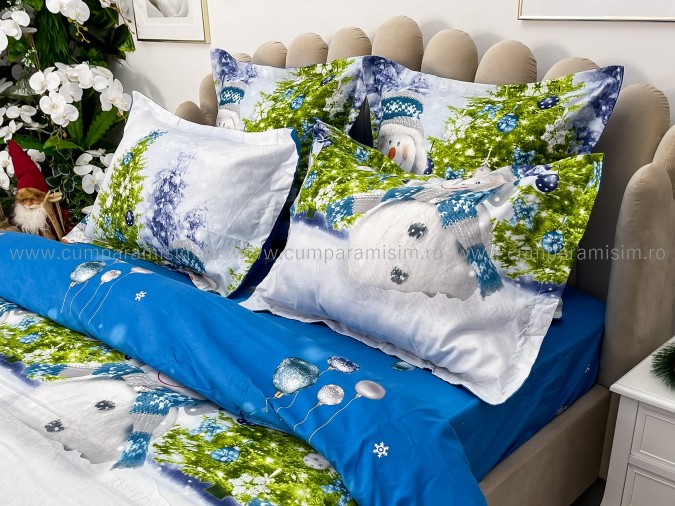 Lenjerie pat dublu, BUMBAC FINET, 6 piese, X-Mass Collection, Jojo Home, Bleu-Multicolor, oameni de zapada, brazi