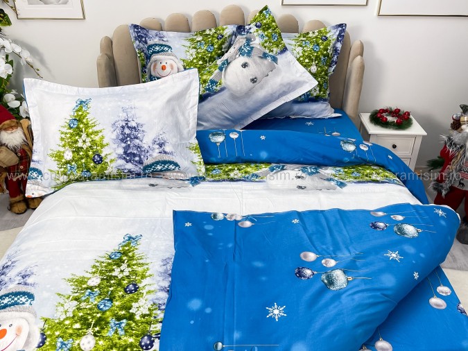 Lenjerie pat dublu, BUMBAC FINET, 6 piese, X-Mass Collection, Jojo Home, Bleu-Multicolor, oameni de zapada, brazi