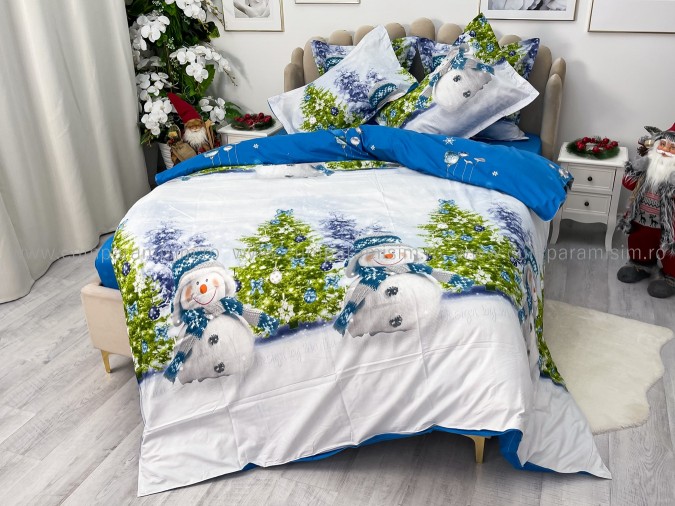 Lenjerie pat dublu, BUMBAC FINET, 6 piese, X-Mass Collection, Jojo Home, Bleu-Multicolor, oameni de zapada, brazi