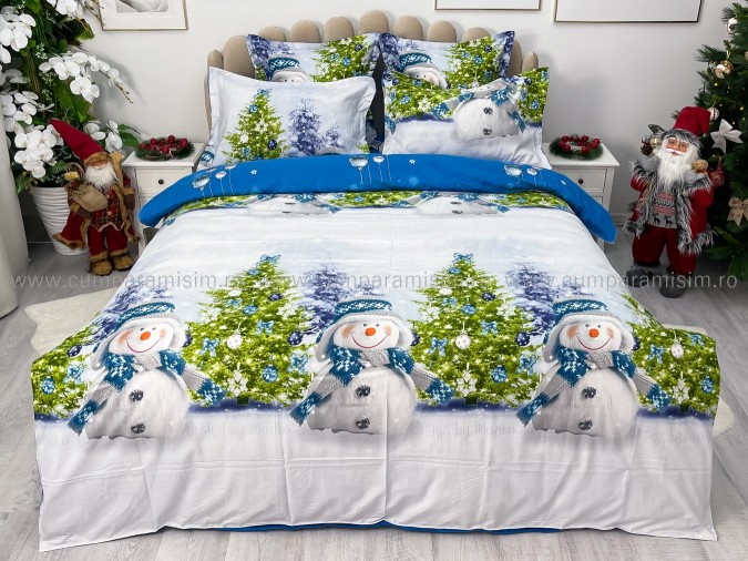 Lenjerie pat dublu, BUMBAC FINET, 6 piese, X-Mass Collection, Jojo Home, Bleu-Multicolor, oameni de zapada, brazi