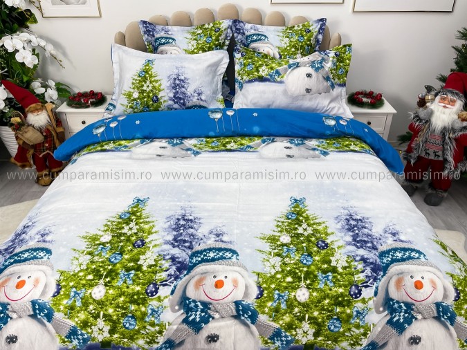 Lenjerie pat dublu, BUMBAC FINET, 6 piese, X-Mass Collection, Jojo Home, Bleu-Multicolor, oameni de zapada, brazi