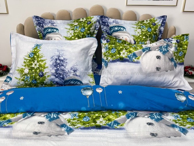 Lenjerie pat dublu, BUMBAC FINET, 6 piese, X-Mass Collection, Jojo Home, Bleu-Multicolor, oameni de zapada, brazi