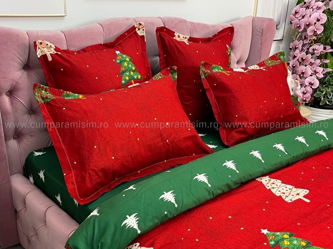 Lenjerie pat dublu, BUMBAC FINET, 6 piese, X-Mass Collection, Jojo Home, Rosu-Verde, brazi