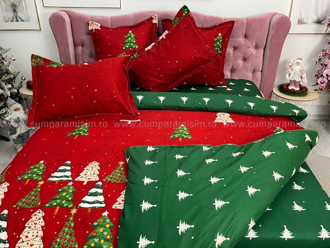 Lenjerie pat dublu, BUMBAC FINET, 6 piese, X-Mass Collection, Jojo Home, Rosu-Verde, brazi