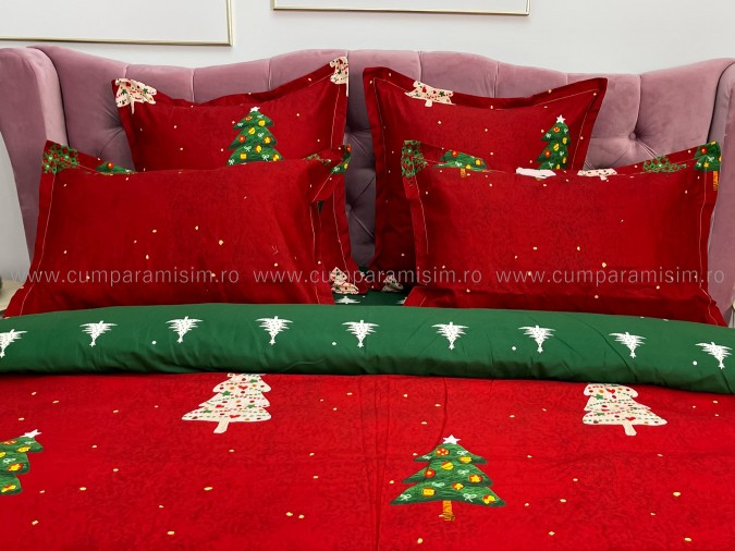 Lenjerie pat dublu, BUMBAC FINET, 6 piese, X-Mass Collection, Jojo Home, Rosu-Verde, brazi