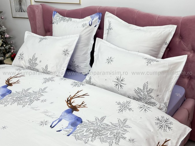 Lenjerie pat dublu, BUMBAC FINET, 6 piese, X-Mass Collection, Jojo Home, Alb-Gri, reni