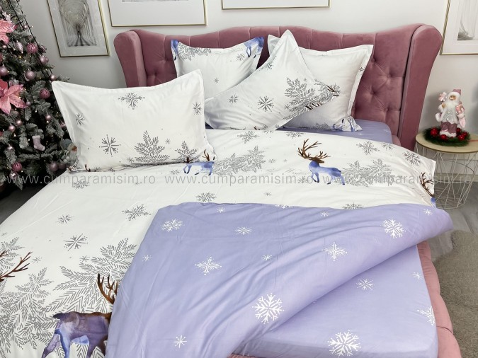 Lenjerie pat dublu, BUMBAC FINET, 6 piese, X-Mass Collection, Jojo Home, Alb-Gri, reni