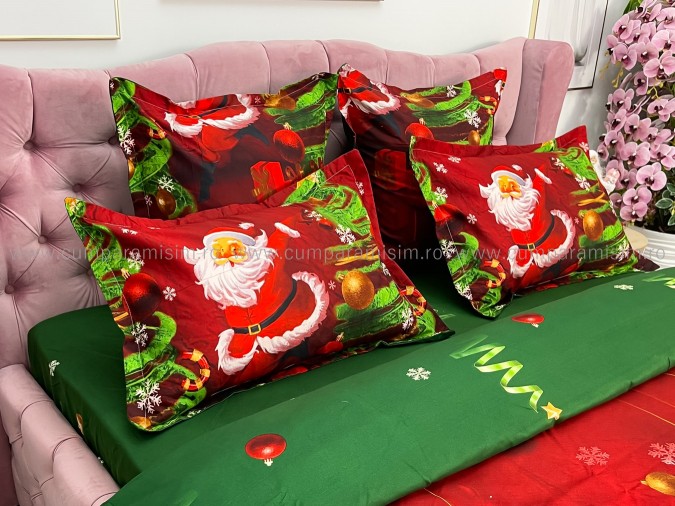 Lenjerie pat dublu, BUMBAC FINET, 6 piese, X-Mass Collection, Jojo Home, Rosu-Verde, Mos Craciun, brazi