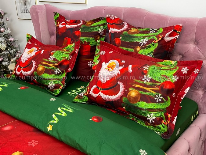 Lenjerie pat dublu, BUMBAC FINET, 6 piese, X-Mass Collection, Jojo Home, Rosu-Verde, Mos Craciun, brazi