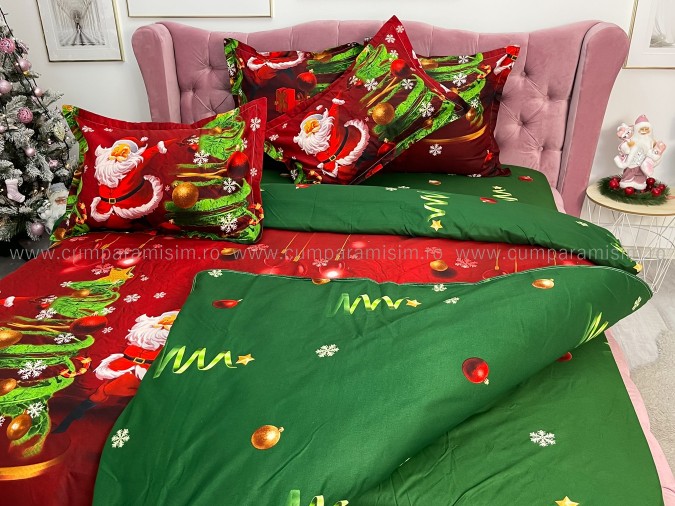 Lenjerie pat dublu, BUMBAC FINET, 6 piese, X-Mass Collection, Jojo Home, Rosu-Verde, Mos Craciun, brazi