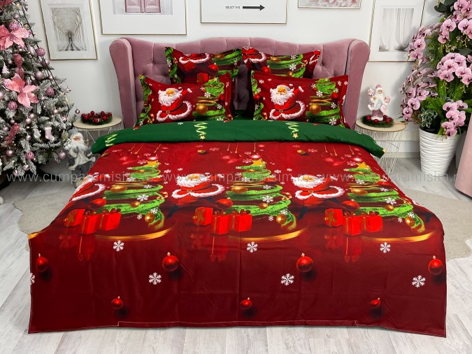 Lenjerie pat dublu, BUMBAC FINET, 6 piese, X-Mass Collection, Jojo Home, Rosu-Verde, Mos Craciun, brazi