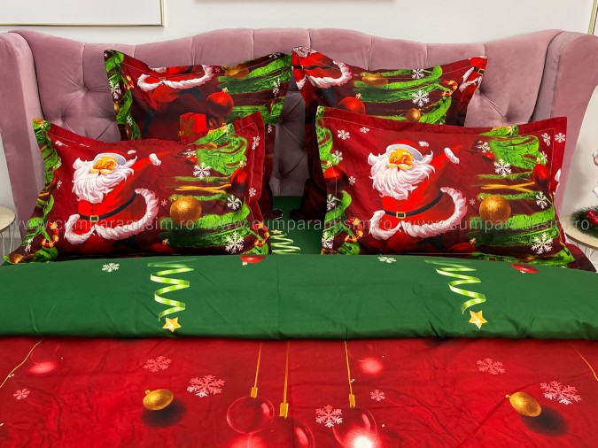 Lenjerie pat dublu, BUMBAC FINET, 6 piese, X-Mass Collection, Jojo Home, Rosu-Verde, Mos Craciun, brazi