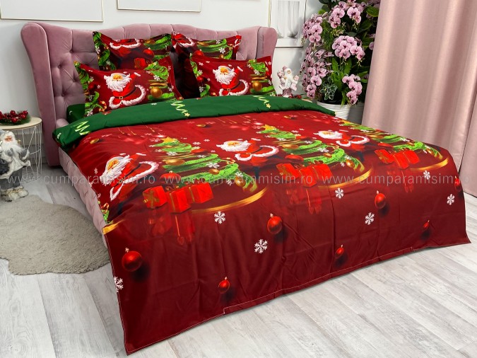 Lenjerie pat dublu, BUMBAC FINET, 6 piese, X-Mass Collection, Jojo Home, Rosu-Verde, Mos Craciun, brazi