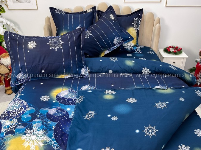 Lenjerie pat dublu, BUMBAC FINET, 6 piese, X-Mass Collection, Jojo Home, Bleumarin, globulete