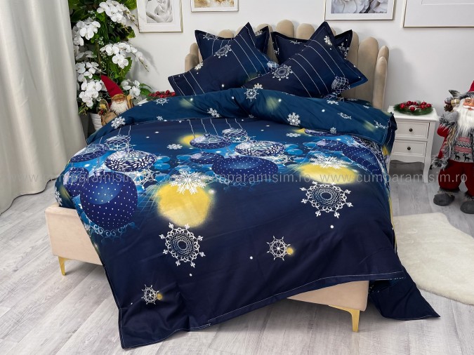 Lenjerie pat dublu, BUMBAC FINET, 6 piese, X-Mass Collection, Jojo Home, Bleumarin, globulete