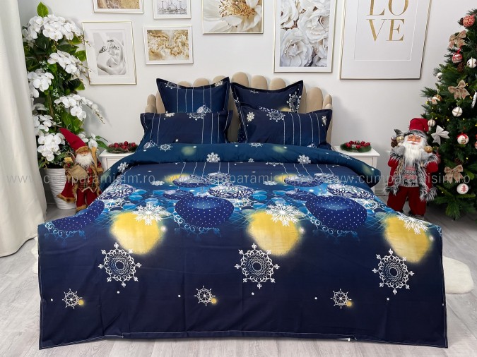 Lenjerie pat dublu, BUMBAC FINET, 6 piese, X-Mass Collection, Jojo Home, Bleumarin, globulete