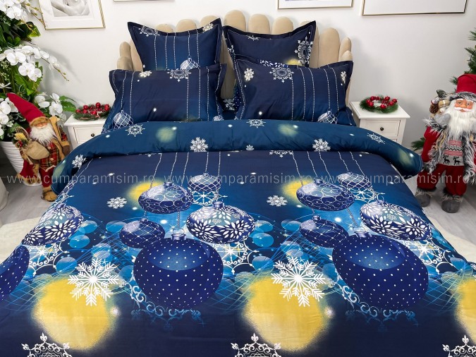 Lenjerie pat dublu, BUMBAC FINET, 6 piese, X-Mass Collection, Jojo Home, Bleumarin, globulete