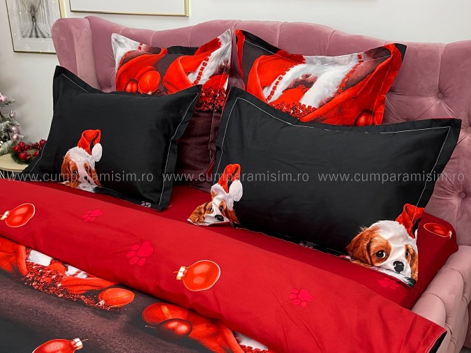 Lenjerie pat dublu, BUMBAC FINET, 6 piese, X-Mass Collection, Jojo Home, Rosu-Negru, catelusi