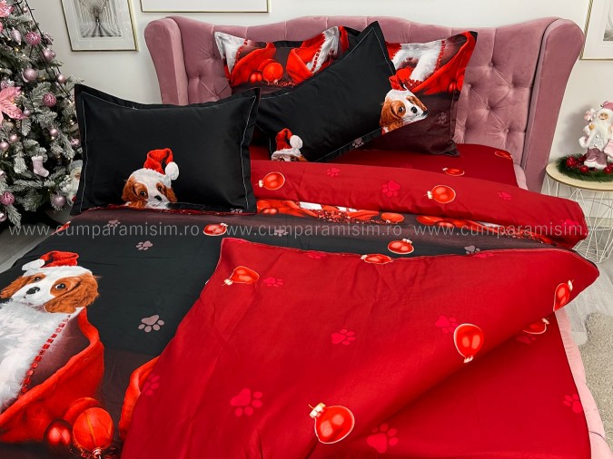 Lenjerie pat dublu, BUMBAC FINET, 6 piese, X-Mass Collection, Jojo Home, Rosu-Negru, catelusi