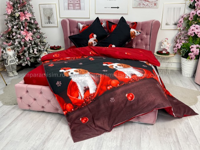 Lenjerie pat dublu, BUMBAC FINET, 6 piese, X-Mass Collection, Jojo Home, Rosu-Negru, catelusi