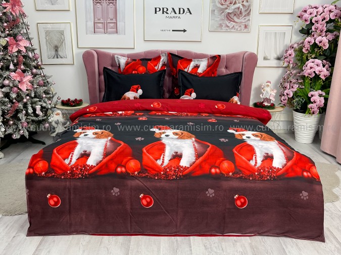 Lenjerie pat dublu, BUMBAC FINET, 6 piese, X-Mass Collection, Jojo Home, Rosu-Negru, catelusi