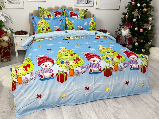 Lenjerie pat dublu, BUMBAC FINET, 6 piese, X-Mass Collection, Jojo Home, Bleu-Multicolor, brazi, jucarii