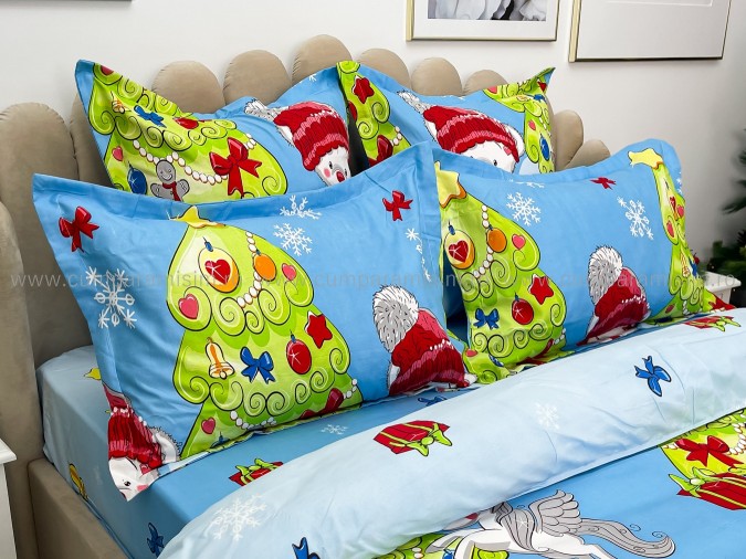 Lenjerie pat dublu, BUMBAC FINET, 6 piese, X-Mass Collection, Jojo Home, Bleu-Multicolor, brazi, jucarii