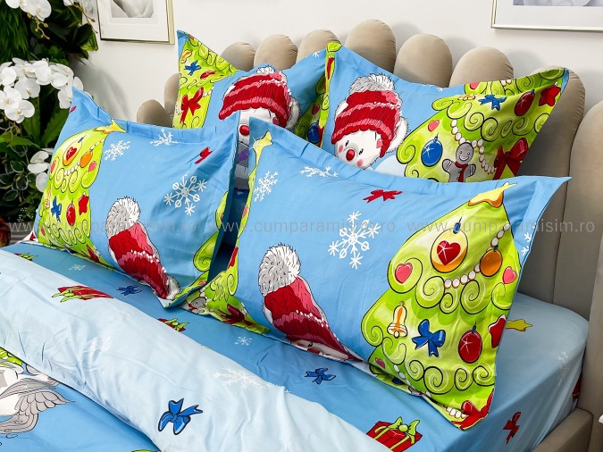 Lenjerie pat dublu, BUMBAC FINET, 6 piese, X-Mass Collection, Jojo Home, Bleu-Multicolor, brazi, jucarii